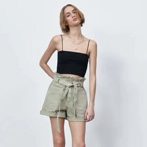Zara Women's Sage Green Paperbag Waist Shorts
